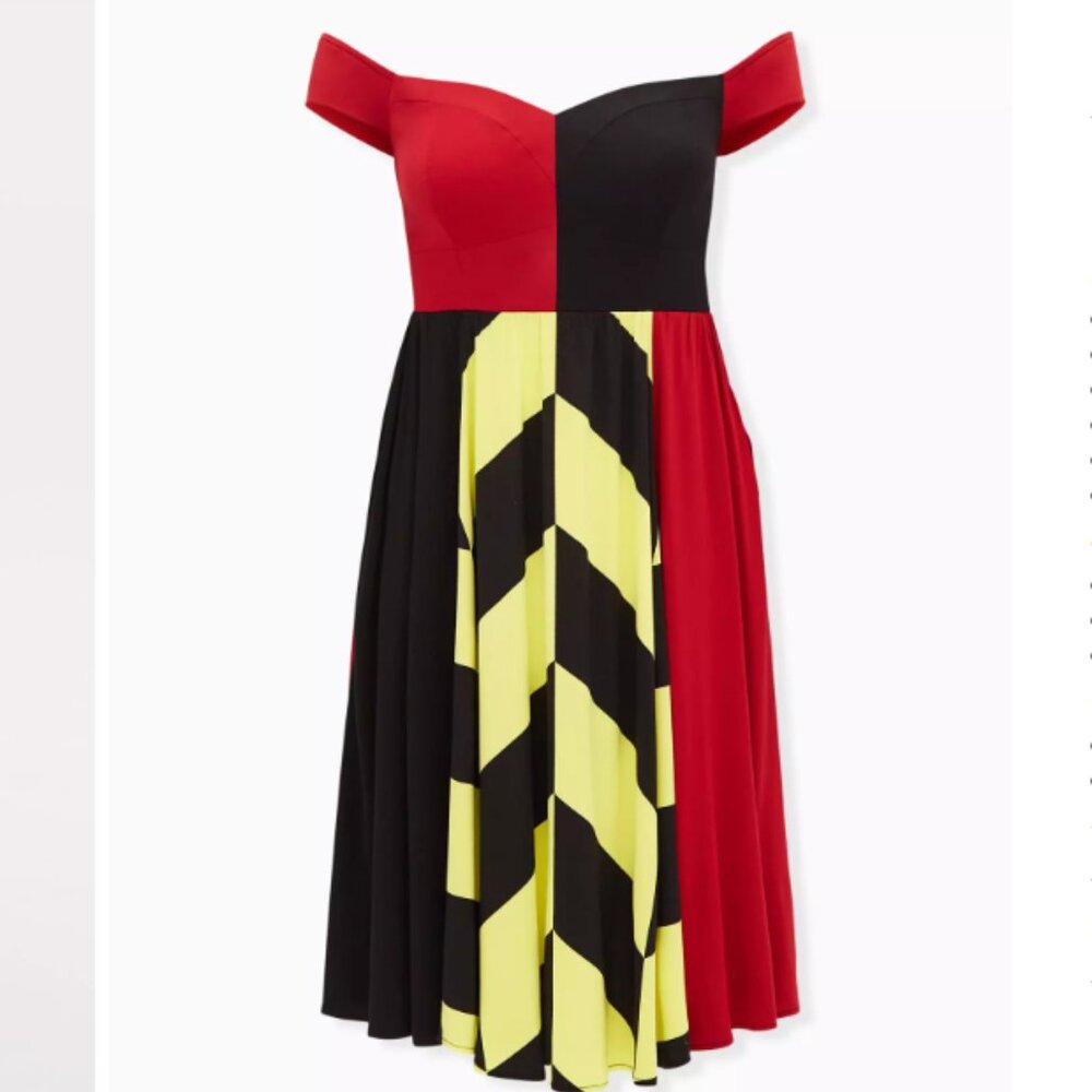 Off-Shoulder Colorblock Midi Dress in Red, Black & Yellow